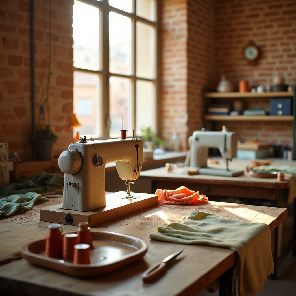 Taller de costura con telas y máquinas de coser en Sevilla
